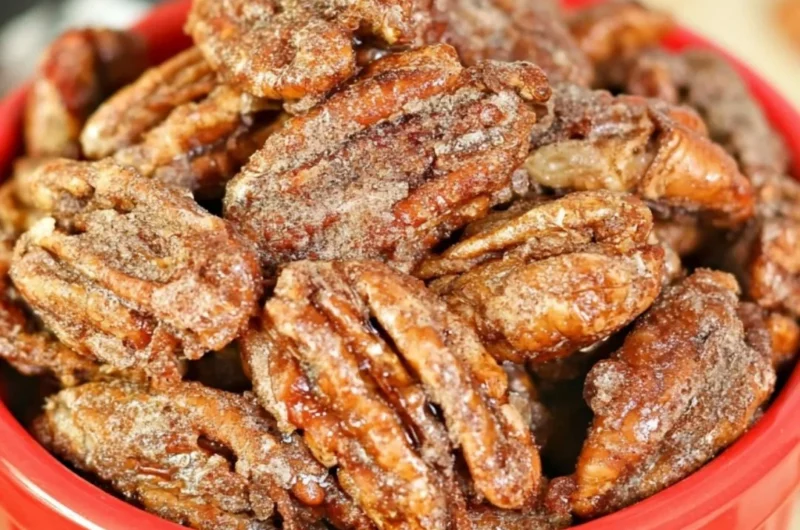 Air fryer candied pecans in a bowl, perfect for snacks and desserts