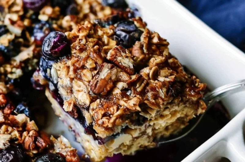 Baked oatmeal with blueberries, a healthy and delicious breakfast option.