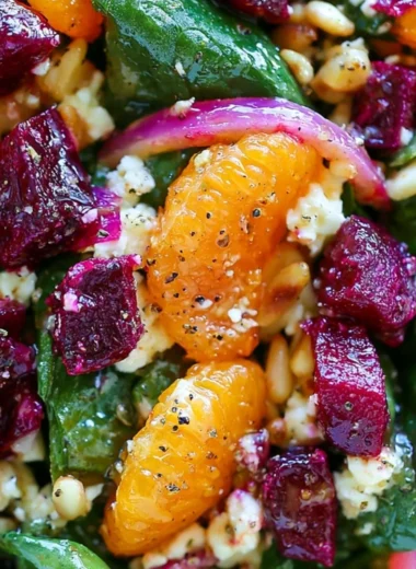 Healthy beet salad with spinach and feta cheese served in a bowl