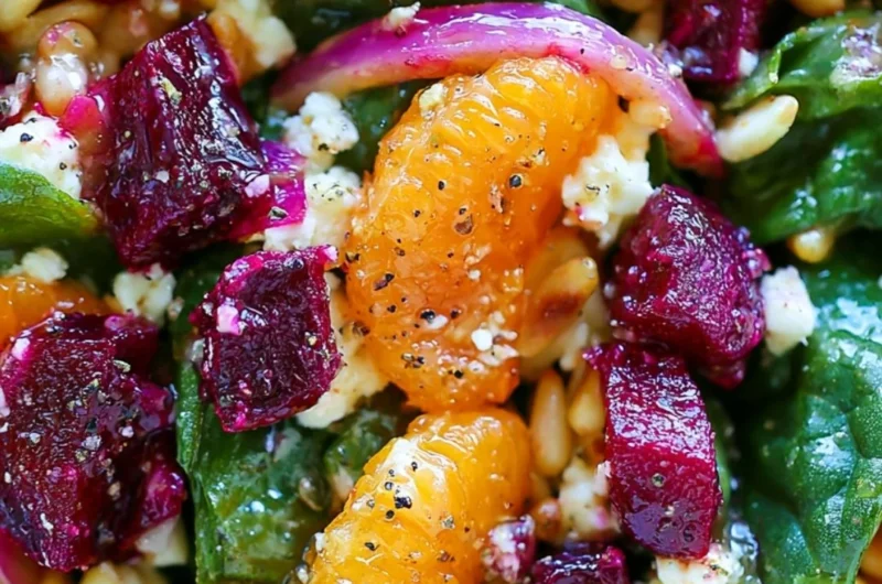 Healthy beet salad with spinach and feta cheese served in a bowl