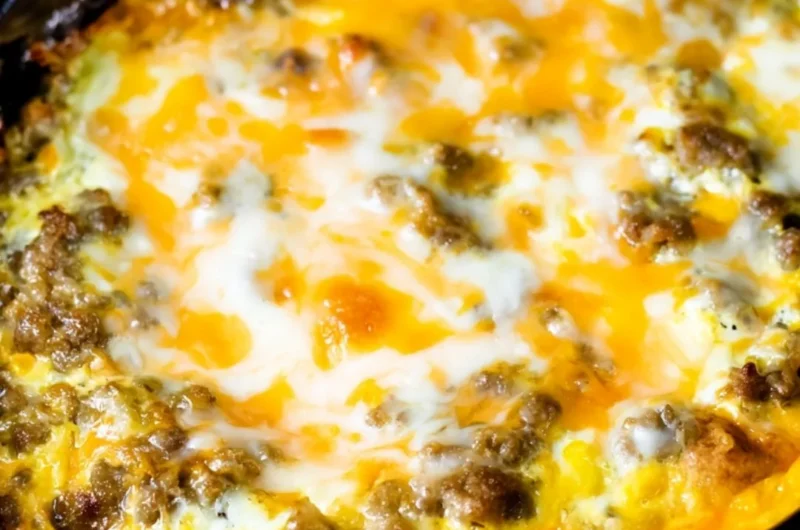Cheesy Sausage Hashbrown served in a breakfast plate