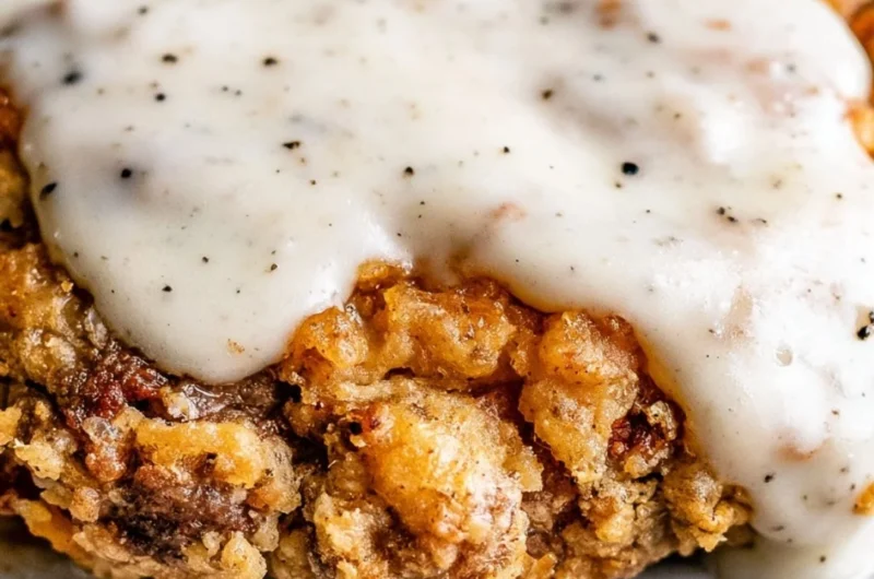 Delicious Chicken Fried Steak served with creamy gravy and sides on a plate.