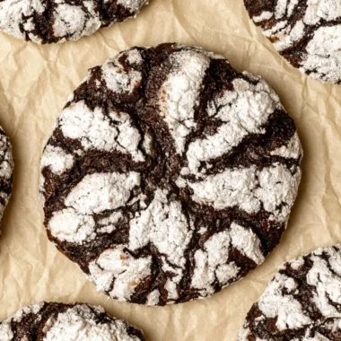 A plate of cozy chocolate crinkle cookies dusted with powdered sugar.