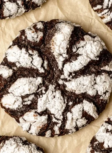 A plate of cozy chocolate crinkle cookies dusted with powdered sugar.