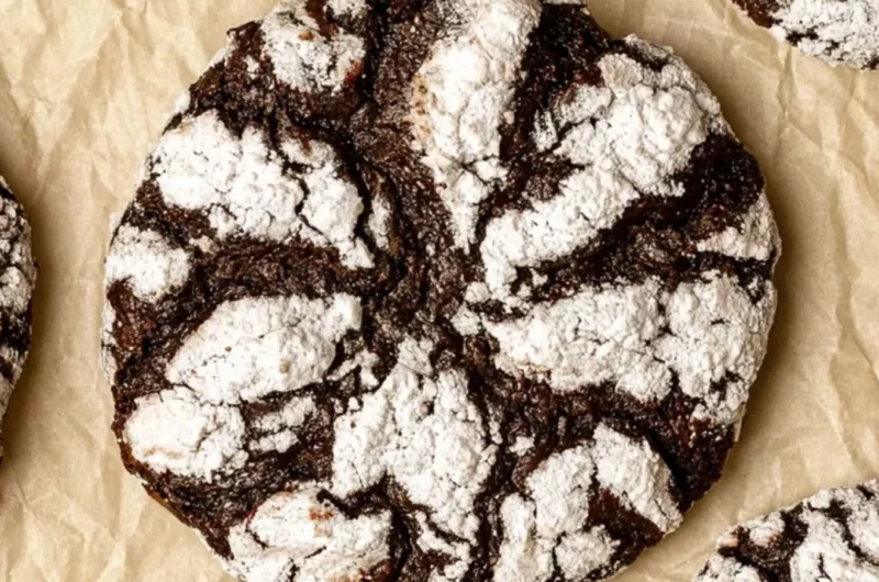 A plate of cozy chocolate crinkle cookies dusted with powdered sugar.