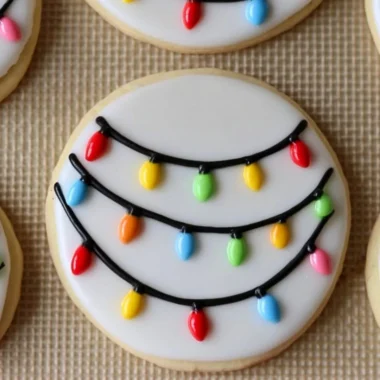 Cozy Christmas lights decorated royal icing sugar cookies on a festive table