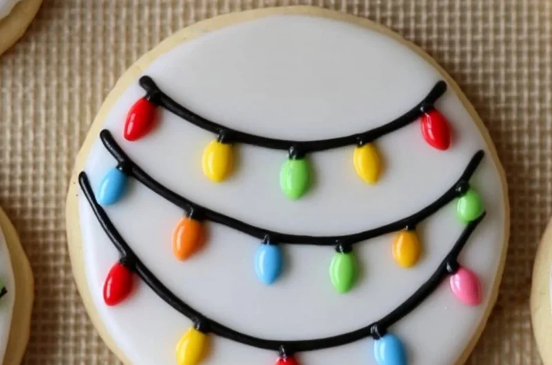 Cozy Christmas lights decorated royal icing sugar cookies on a festive table