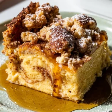 Delicious cozy French toast casserole topped with syrup and berries