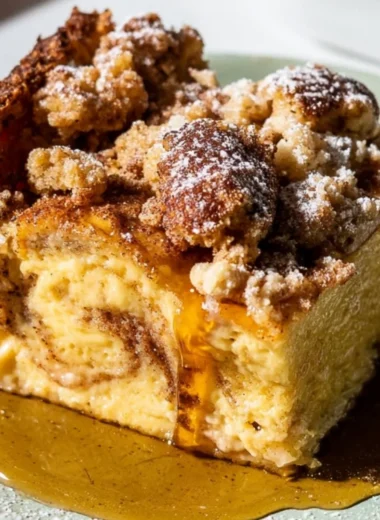 Delicious cozy French toast casserole topped with syrup and berries