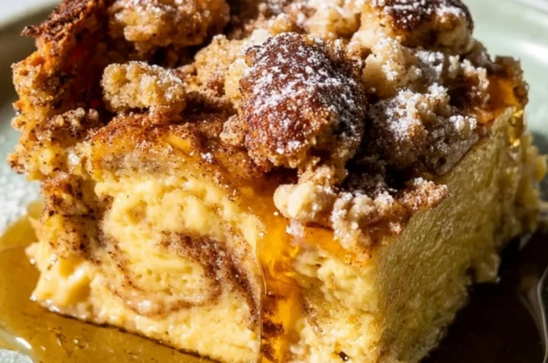 Delicious cozy French toast casserole topped with syrup and berries