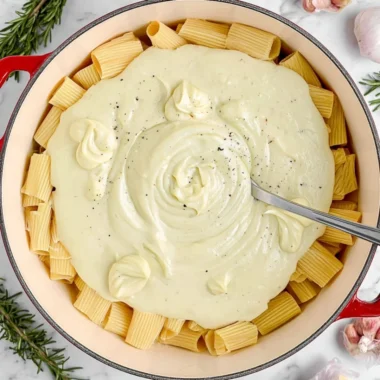 Creamy cauliflower alfredo sauce in a bowl, garnished with parsley.