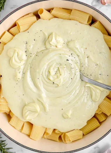 Creamy cauliflower alfredo sauce in a bowl, garnished with parsley.