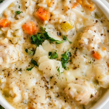 Bowl of creamy chicken rice soup with herbs and vegetables