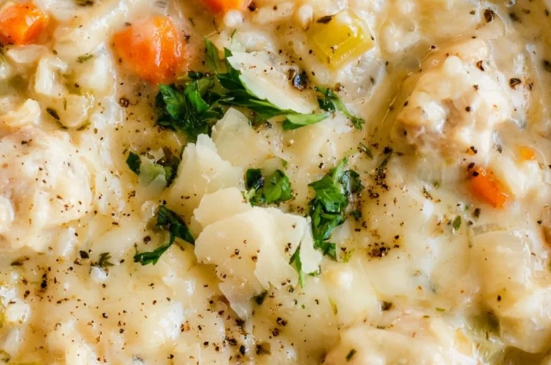 Bowl of creamy chicken rice soup with herbs and vegetables