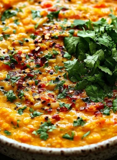 Bowl of easy red lentil dahl garnished with herbs