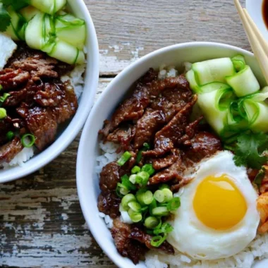 Delicious beef bulgogi bowls with fresh vegetables and rice