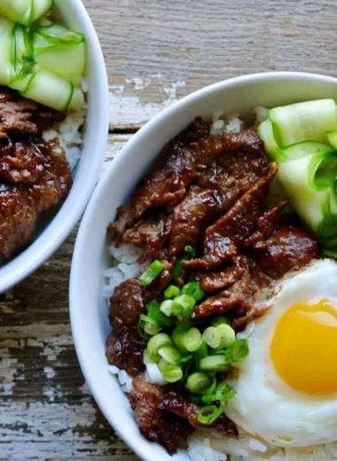 Delicious beef bulgogi bowls with fresh vegetables and rice