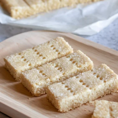 Delicious homemade Scottish Shortbread cookies on a wooden table