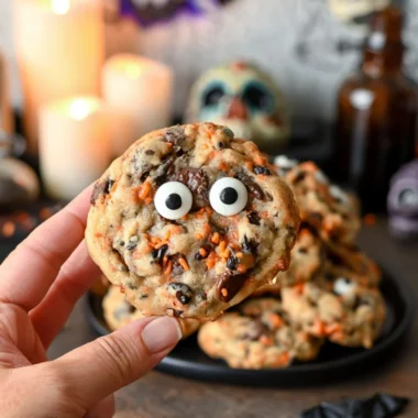 Halloween-themed chocolate chip cookies decorated with spooky designs
