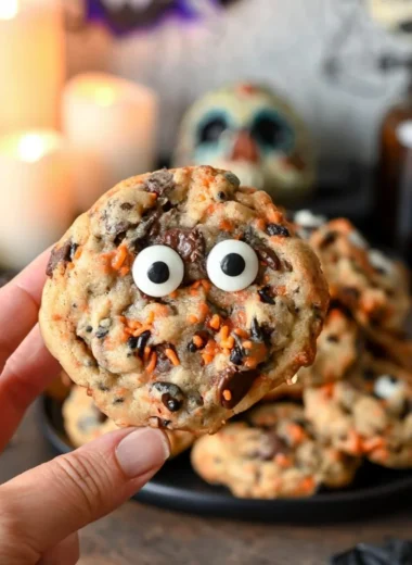 Halloween-themed chocolate chip cookies decorated with spooky designs