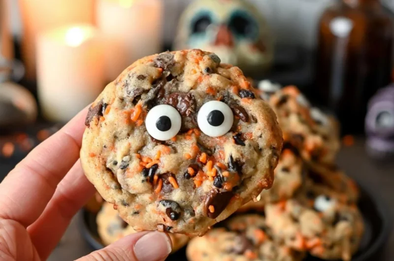 Halloween-themed chocolate chip cookies decorated with spooky designs