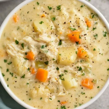Delicious high protein chicken pot pie soup served in a bowl with vegetables.