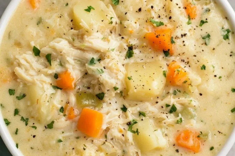 Delicious high protein chicken pot pie soup served in a bowl with vegetables.