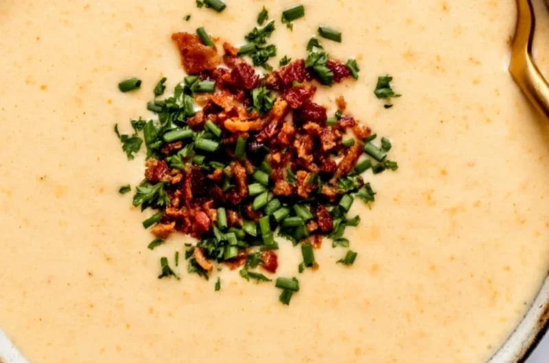High-protein cream of protein soup served in a bowl with fresh herbs.