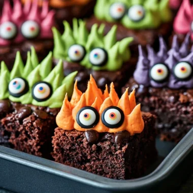 Delicious Monster Brownies decorated as a spooky Halloween treat.
