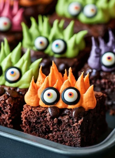 Delicious Monster Brownies decorated as a spooky Halloween treat.