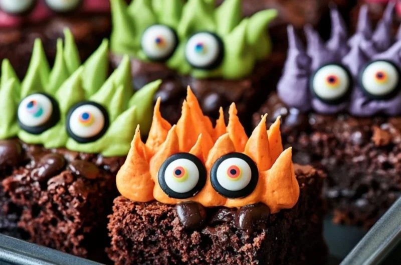 Delicious Monster Brownies decorated as a spooky Halloween treat.