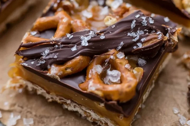 Delicious salted caramel pretzel bark with sweet and salty flavors