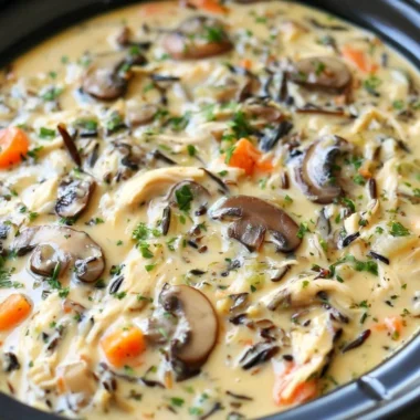 Slow cooker chicken and wild rice soup in a bowl with fresh herbs on top