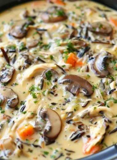 Slow cooker chicken and wild rice soup in a bowl with fresh herbs on top