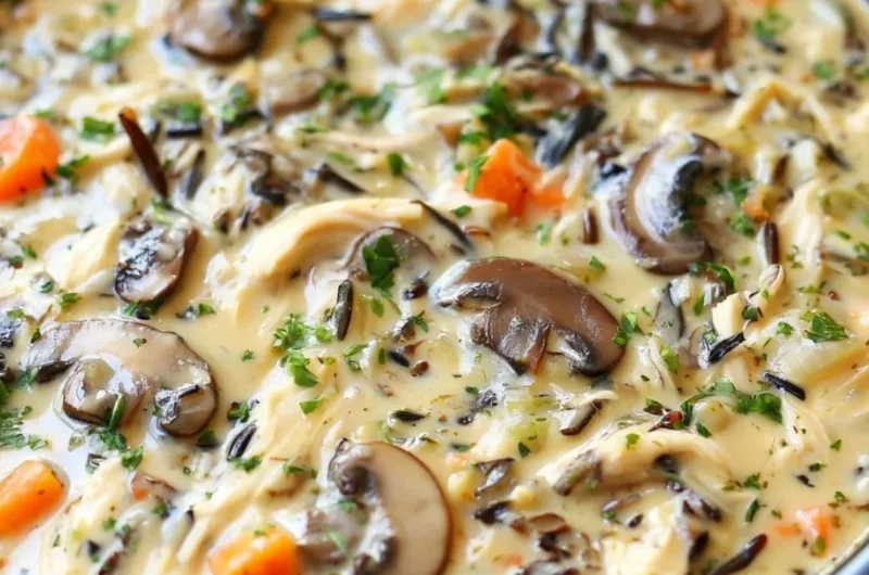 Slow cooker chicken and wild rice soup in a bowl with fresh herbs on top