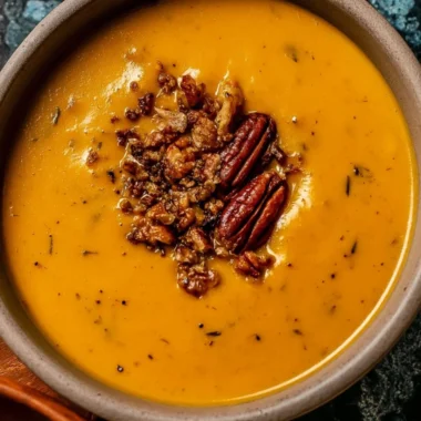 Bowl of Apple Cheddar Sweet Potato Soup garnished with herbs.
