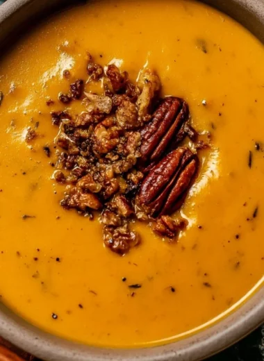 Bowl of Apple Cheddar Sweet Potato Soup garnished with herbs.