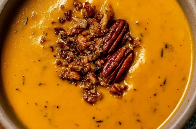 Bowl of Apple Cheddar Sweet Potato Soup garnished with herbs.