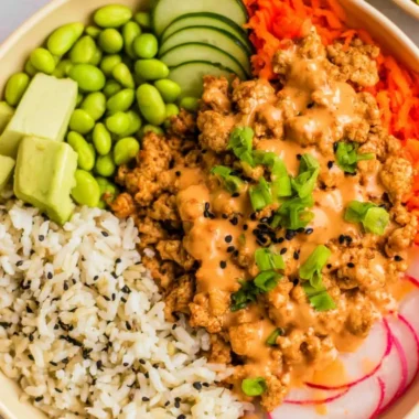Bang Bang Ground Turkey Rice Bowls ready to serve with fresh ingredients