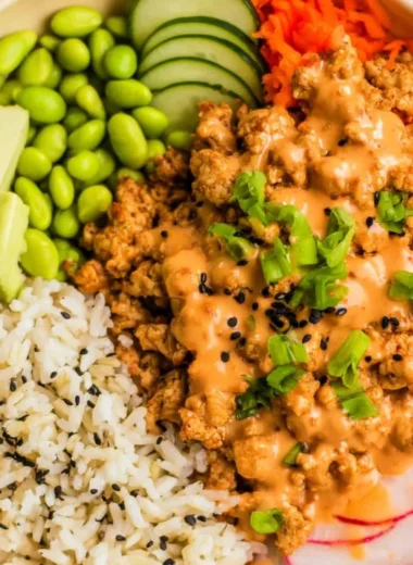 Bang Bang Ground Turkey Rice Bowls ready to serve with fresh ingredients