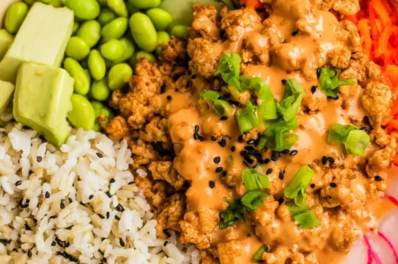 Bang Bang Ground Turkey Rice Bowls ready to serve with fresh ingredients