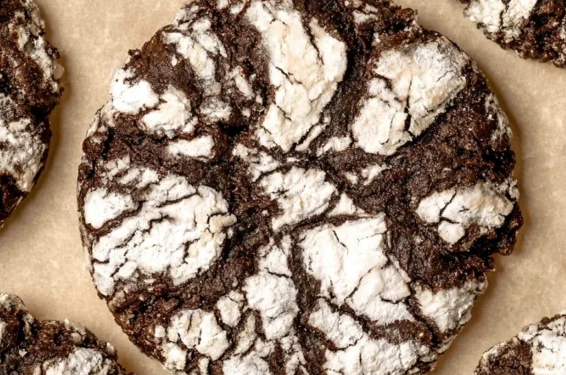 Freshly baked chocolate crinkle cookies coated in powdered sugar
