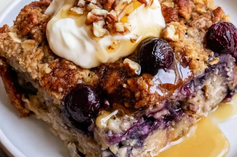 Bowl of blueberry baked oatmeal topped with fresh blueberries and almonds