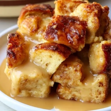 Delicious bread pudding served with rich vanilla caramel sauce and garnished.