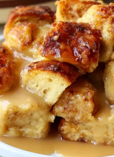 Delicious bread pudding served with rich vanilla caramel sauce and garnished.