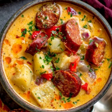 Bowl of spicy and creamy Cajun Potato Soup topped with green onions