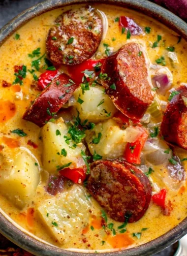 Bowl of spicy and creamy Cajun Potato Soup topped with green onions