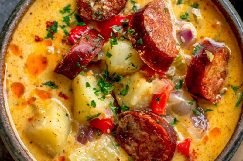 Bowl of spicy and creamy Cajun Potato Soup topped with green onions