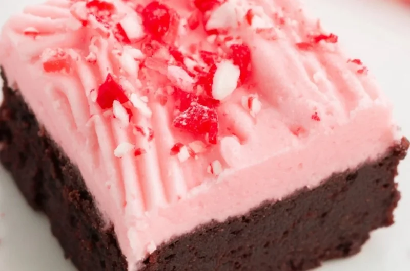 Delicious Candy Cane Brownies topped with festive crushed candy canes for Christmas.
