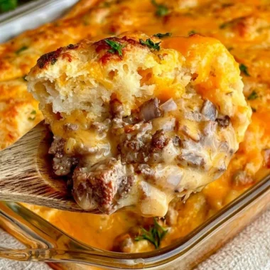 Cheddar Bay Ground Beef Cobbler casserole with creamy cheese and savory beef